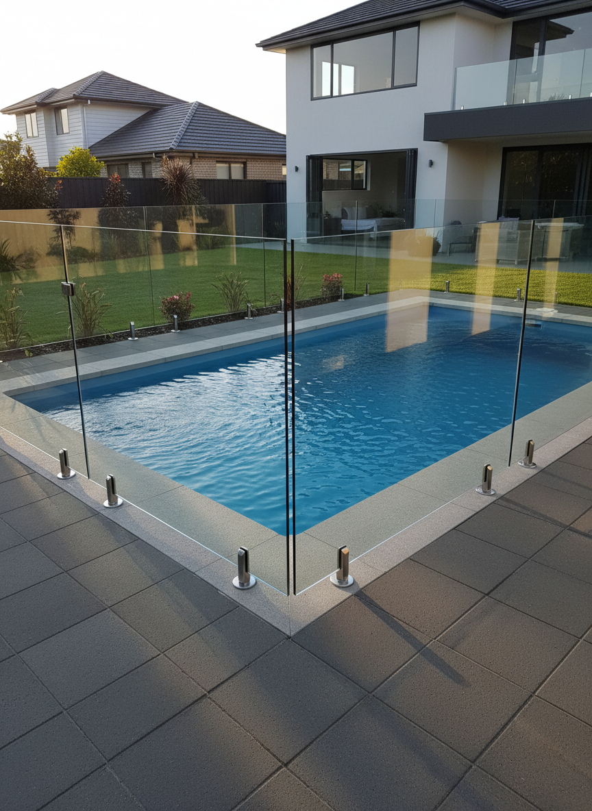 A sleek frameless glass pool fence surrounding a compact, modern backyard pool in suburban Auckland. Clear, toughened glass panels are held with low-profile stainless steel spigots set into smooth concrete coping, creating an unobstructed view of sparkling blue water and manicured greenery beyond. Late afternoon golden light enhances the reflections on the glass and the ripples in the pool, while casting long, soft shadows across surrounding pavers. Photographic realism, captured from a slightly elevated corner angle to show both the fence line and pool area. The mood is safe, sophisticated, and family-ready, highlighting professional outdoor glass installation suited to local conditions.