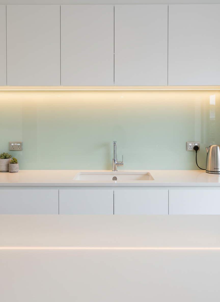 A crisp, modern kitchen featuring a completed glass splashback installation in a subtle pale sea-green tone, running the full length between benchtop and upper cabinets. The toughened glass surface is perfectly smooth and glossy, with seamless cut-outs for power outlets and a precise line where it meets the engineered stone countertop. Under-cabinet LED lighting washes down the glass, creating a gentle gradient of light and refined reflections of chrome tapware and a ceramic sink. Photographic realism, shot straight-on at benchtop height for a clean, architectural composition. The atmosphere is orderly and professional, emphasizing durable, easy-to-clean glass solutions for busy Auckland kitchens.