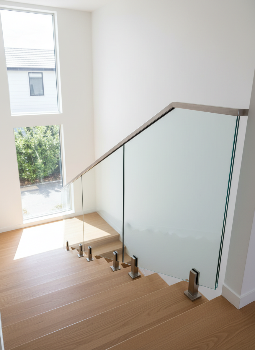 A pristine internal glass balustrade installation running alongside a timber staircase in a bright Auckland home. Tall, clear glass panels are securely fixed with brushed stainless steel mini-posts and a slim, square-profile handrail, all perfectly aligned. Daylight streams in from a nearby floor-to-ceiling window, casting crisp highlights along the glass edges and soft shadows on the white walls and light oak treads. Photographic realism, shot from mid-stair height looking down the run of balustrade to accentuate the length and transparency. The mood is professional and secure, subtly emphasizing safety, code-compliant installation, and a clean, architectural finish with no clutter or people visible.