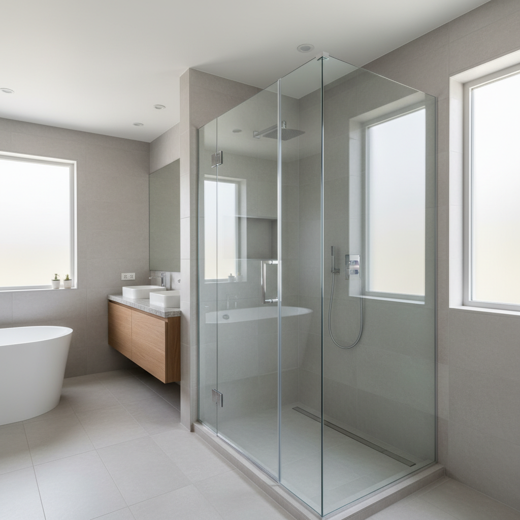 A luxurious contemporary bathroom showcasing a completed frameless glass shower enclosure with perfectly aligned chrome hinges and a minimalist square handle. The clear safety glass is spotless, catching soft, diffused overhead lighting and a hint of daylight from a frosted side window, creating gentle reflections on large-format light grey tiles. A linear drain and sleek wall-mounted fixtures underscore the modern aesthetic. Photographic realism, captured from a slightly elevated angle in wide view so the entire shower and surrounding space are visible. The atmosphere is calm, clean, and high-end, conveying reliability and precision workmanship in residential bathroom glass installations.