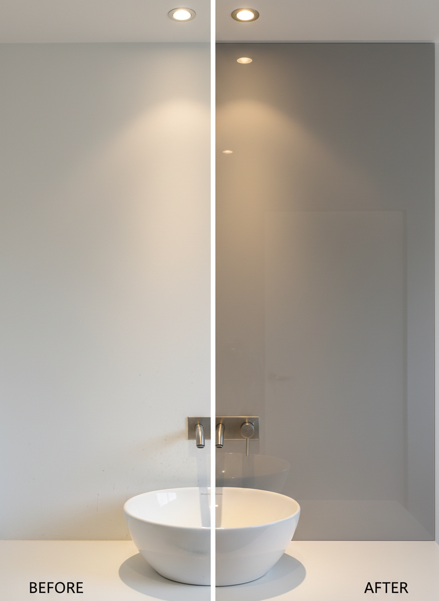 A dramatic before-and-after composite of a renovated bathroom wall, divided vertically down the center. On the left, a plain, painted wall behind the vanity; on the right, the same wall finished with a reflective frameless glass splashback in a soft, neutral grey. The glass side shows crisp edges around a wall-mounted tap set and basin, with recessed downlights reflecting subtly on the perfectly flat surface. Photographic realism, with consistent lighting on both halves to emphasize the transformation. The mood is professional and solution-focused, clearly illustrating the visual upgrade and easy-clean benefits of professional glass installation without any text overlays or human presence.
