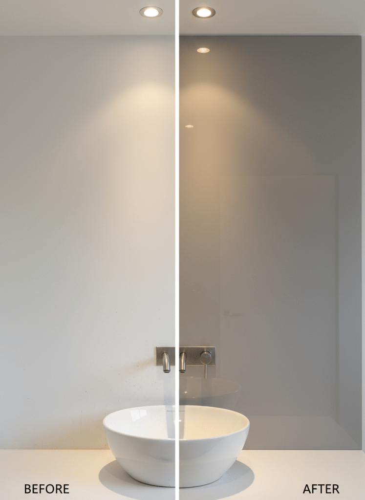 A dramatic before-and-after composite of a renovated bathroom wall, divided vertically down the center. On the left, a plain, painted wall behind the vanity; on the right, the same wall finished with a reflective frameless glass splashback in a soft, neutral grey. The glass side shows crisp edges around a wall-mounted tap set and basin, with recessed downlights reflecting subtly on the perfectly flat surface. Photographic realism, with consistent lighting on both halves to emphasize the transformation. The mood is professional and solution-focused, clearly illustrating the visual upgrade and easy-clean benefits of professional glass installation without any text overlays or human presence.