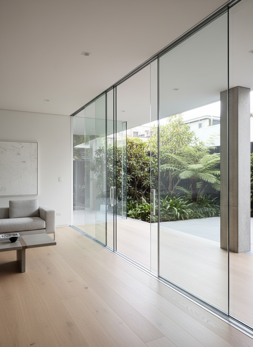 A wide, meticulously finished frameless glass installation in a modern Auckland living room, featuring full-height sliding doors opening to a leafy urban courtyard. The toughened glass panels are crystal clear with polished edges, neatly aligned within slim aluminium channels set into the floor and ceiling. Soft late-morning natural light pours through, creating clean reflections across pale oak flooring and a minimalist white wall. The mood is professional and aspirational, emphasizing precision and craftsmanship. Photographic realism, shot at eye level with sharp focus throughout, using a clean, modern composition that keeps the glass as the hero while subtly including the surrounding architecture to showcase residential installation quality.