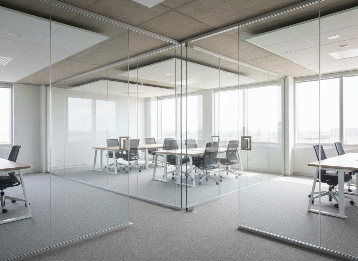 A bright, spacious open-plan office interior divided by full-height frameless glass partitions forming private meeting rooms. The clear safety glass panels extend from carpet to exposed concrete ceiling, held in slim aluminium channels, with a single minimalist glass door featuring a square stainless handle. Daylight from large windows washes through the partitions, creating subtle layered reflections while maintaining transparency. Photographic realism, captured from an eye-level angle looking along the corridor to show multiple partitioned rooms. The mood is professional, efficient, and contemporary, underscoring commercial glass partition installation for workplaces that value openness while managing acoustics and privacy, without any visible branding or people.