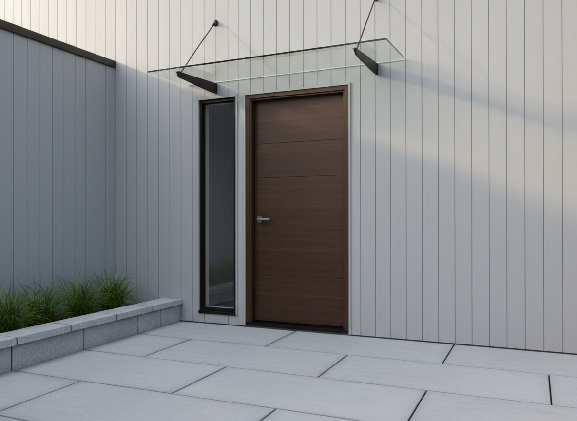 A realistic photo of a modern residential entrance with a small glass canopy/awning over the front door. The canopy is made of clear tempered glass panels supported by dark matte steel brackets mounted to a light grey cladded wall. Simple and clean architectural style, natural daylight, similar to a real installation photo taken on-site. No people, photorealistic.